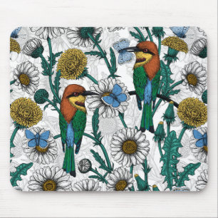 Bee-eaters, blue butterflies and daisies on white mouse mat