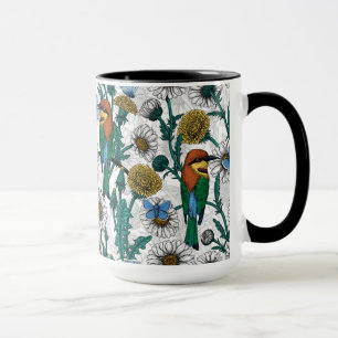 Bee-eaters, blue butterflies and daisies on white mug