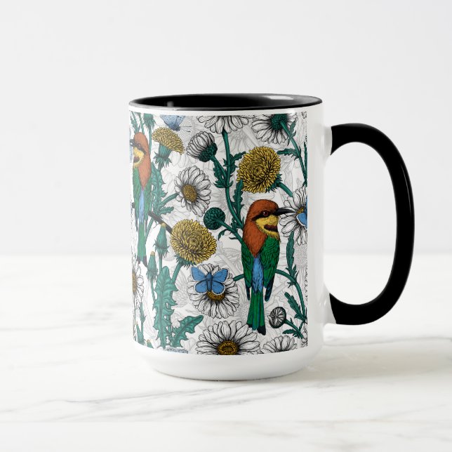 Bee-eaters, blue butterflies and daisies on white mug (Right)