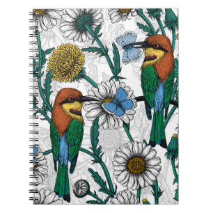 Bee-eaters, blue butterflies and daisies on white notebook