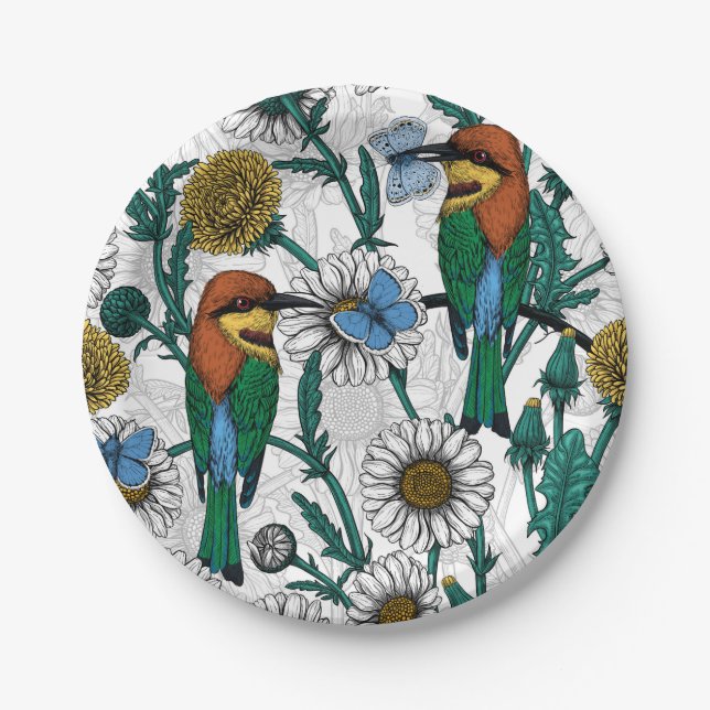 Bee-eaters, blue butterflies and daisies on white paper plate (Front)