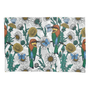 Bee-eaters, blue butterflies and daisies on white pillowcase