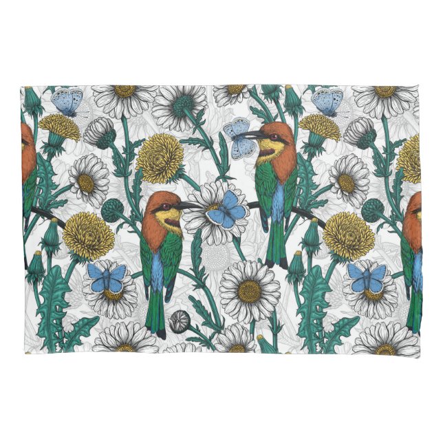 Bee-eaters, blue butterflies and daisies on white pillowcase (Front-Left)