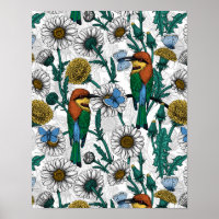 Bee-eaters, blue butterflies and daisies on white