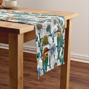 Bee-eaters, blue butterflies and daisies on white short table runner