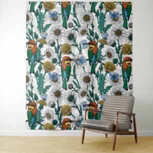 Bee-eaters, blue butterflies and daisies on white tapestry