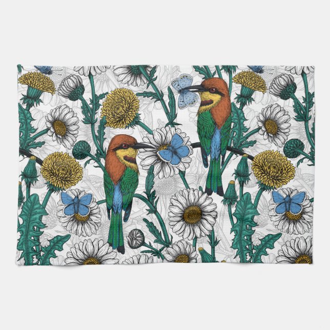 Bee-eaters, blue butterflies and daisies on white tea towel (Horizontal)