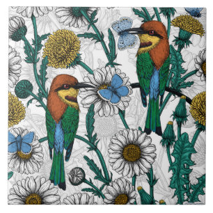 Bee-eaters, blue butterflies and daisies on white tile
