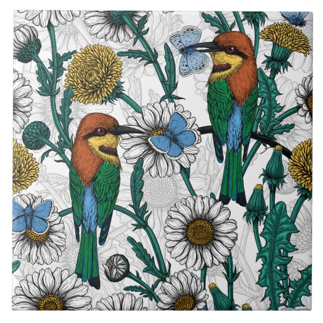 Bee-eaters, blue butterflies and daisies on white tile (Front)