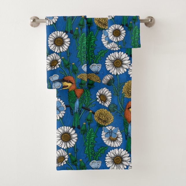Bee eaters on blue bath towel set (Insitu)