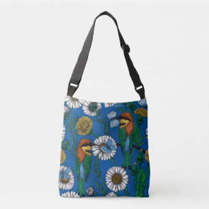 Bee eaters on blue crossbody bag