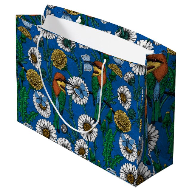 Bee eaters on blue large gift bag (Back Angled)