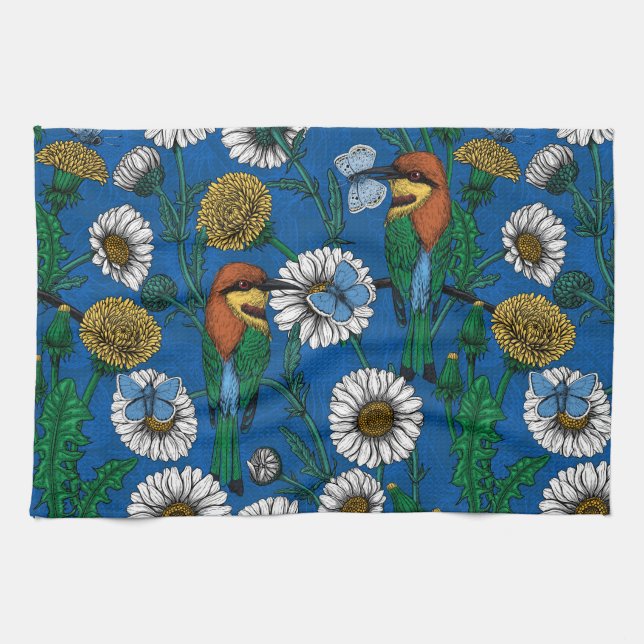 Bee eaters on blue tea towel (Horizontal)