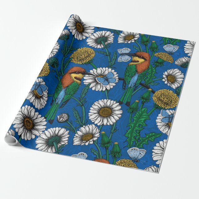 Bee eaters on blue wrapping paper (Unrolled)