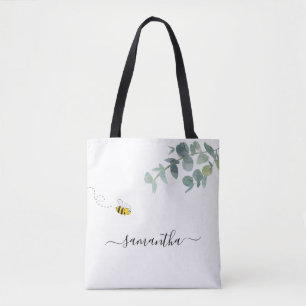 Bee eucalyptus greenery white name script cute tote bag