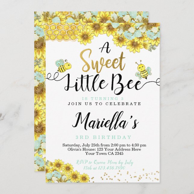 Bee First Birthday Invitation (Front/Back)
