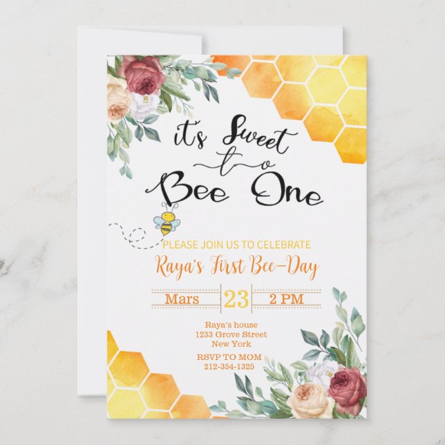 Bee First Birthday Invite First Bee Day (Front)