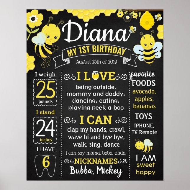 Bee First Birthday Party chalkboard boy girl Poster (Front)