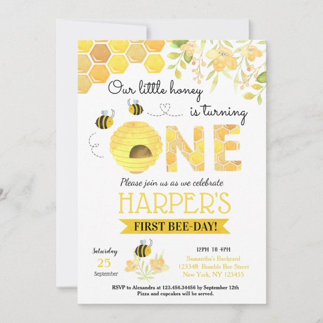 Bee First Birthday party invitations Bumble Bee (Front)