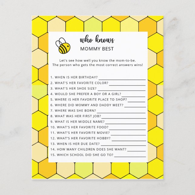 Bee floral baby shower, Who knows mummy best (Front)