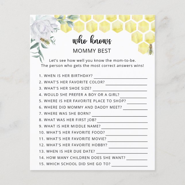 Bee floral baby shower, Who knows mummy best (Front)