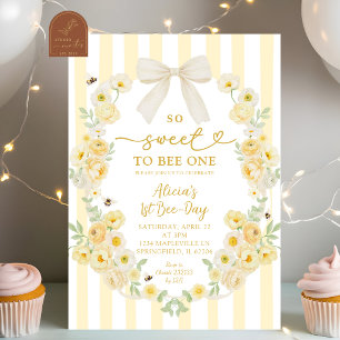 Bee Floral Bow Coquette 1st Bee-Day Invitation