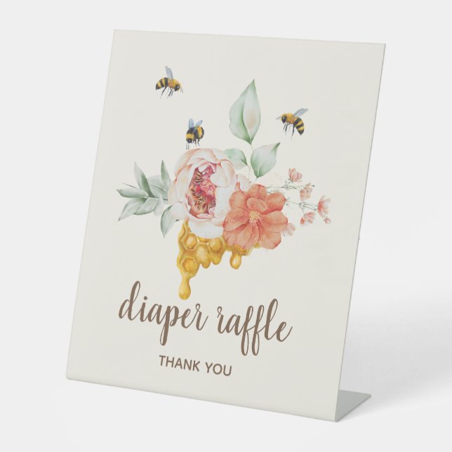 Bee Floral Honeycomb Baby Shower Diaper Raffle Pedestal Sign (Front)