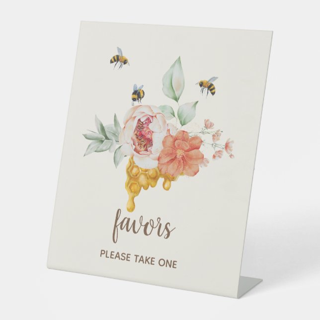 Bee Floral Honeycomb Baby Shower Favours Pedestal Sign (Front)