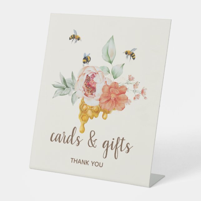 Bee Floral Honeycomb Baby Shower Gift Table Pedestal Sign (Front)