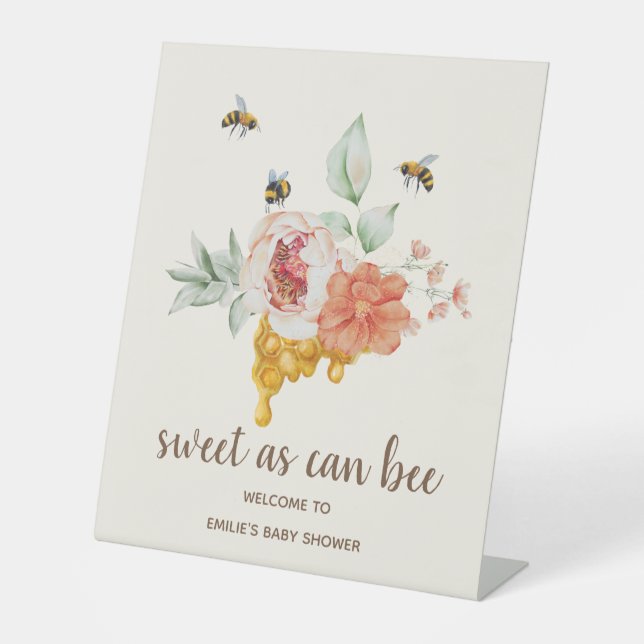Bee Floral Honeycomb Baby Shower Welcome Pedestal Sign (Front)