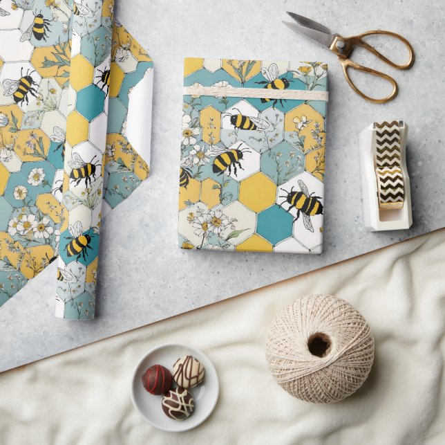 Bee Floral Honeycomb Pattern with Daisies Wrapping Paper (Crafts)