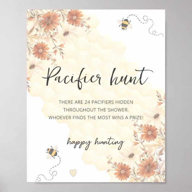 Bee floral pacifier hunt baby shower game poster (Front)