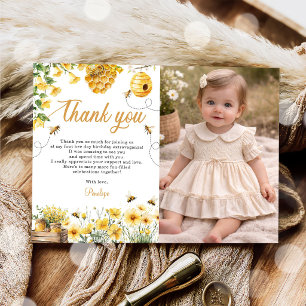 Bee Flower Yellow Birthday Photo Thank You Card