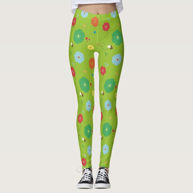 Bee flowers green yellow leggings (Front)