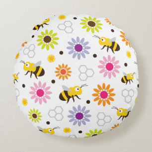 Bee & Flowers Round Cushion