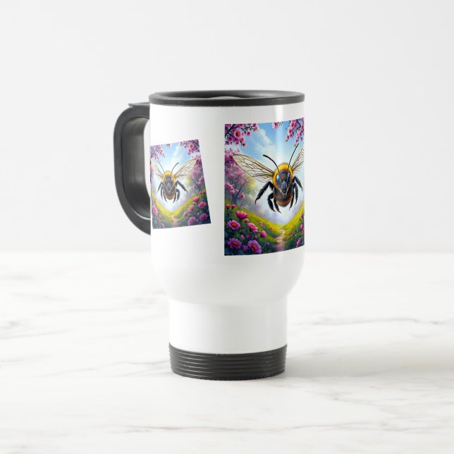 Bee Flying Through Wildflower Meadow Travel Mug (Front Left)