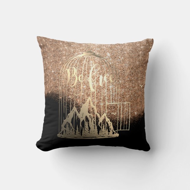 Bee Free Out Of Cage Bird Mountain Gold Glitter Cushion (Front)