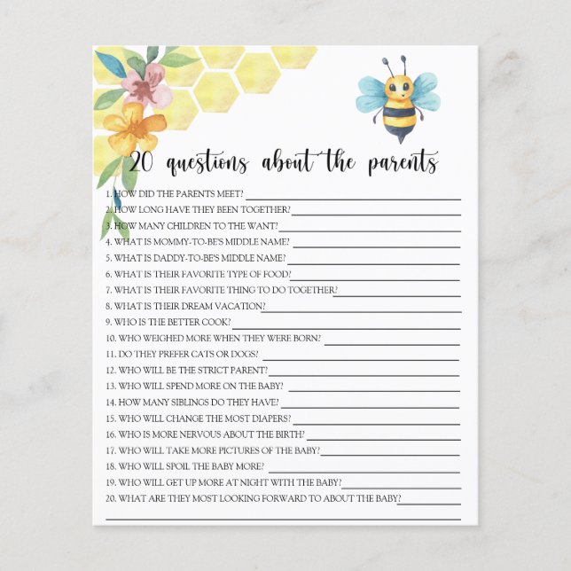 Bee - games - 20 questions about the parents (Front)