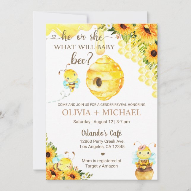Bee gender reveal invite, bumblebee, honeybee. invitation (Front)