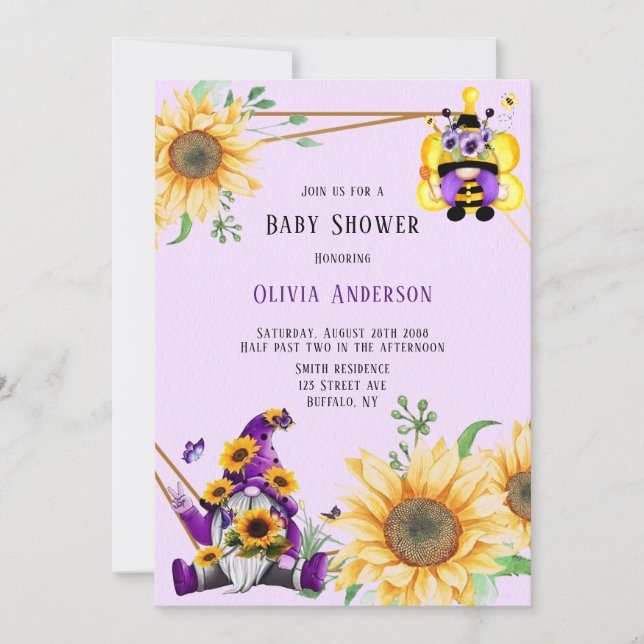 Bee Gnome in Purple and Yellow Floral Baby Shower Invitation (Front)