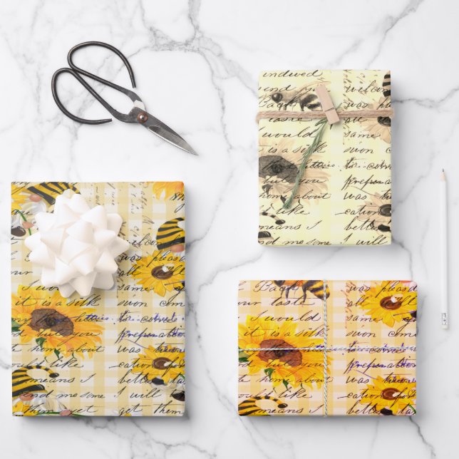 Bee Gnome Sunflower Wrapping Paper Sheet (Front)