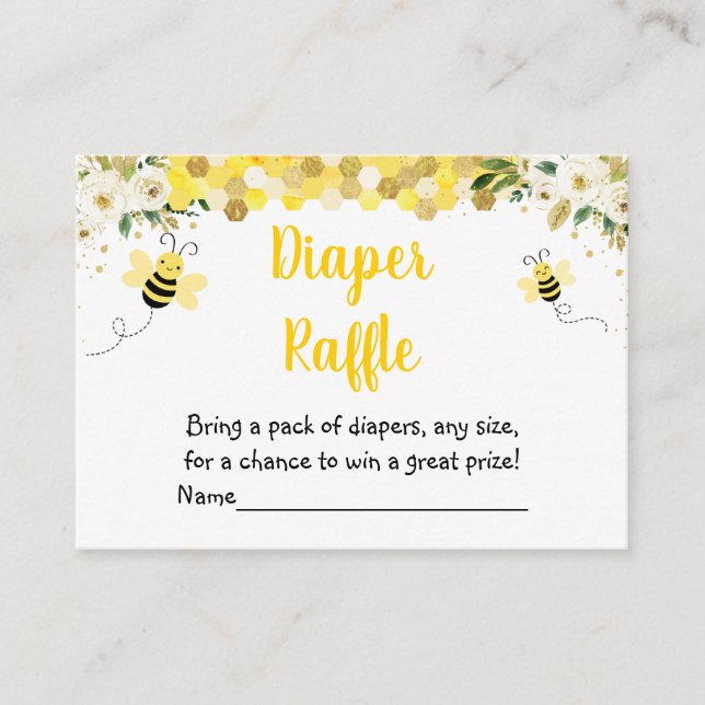 Bee Gold Floral Baby Shower Diaper Raffle Enclosure Card (Front)