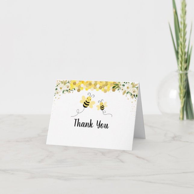 Bee Gold Floral Baby Shower Thank You Card (Front)