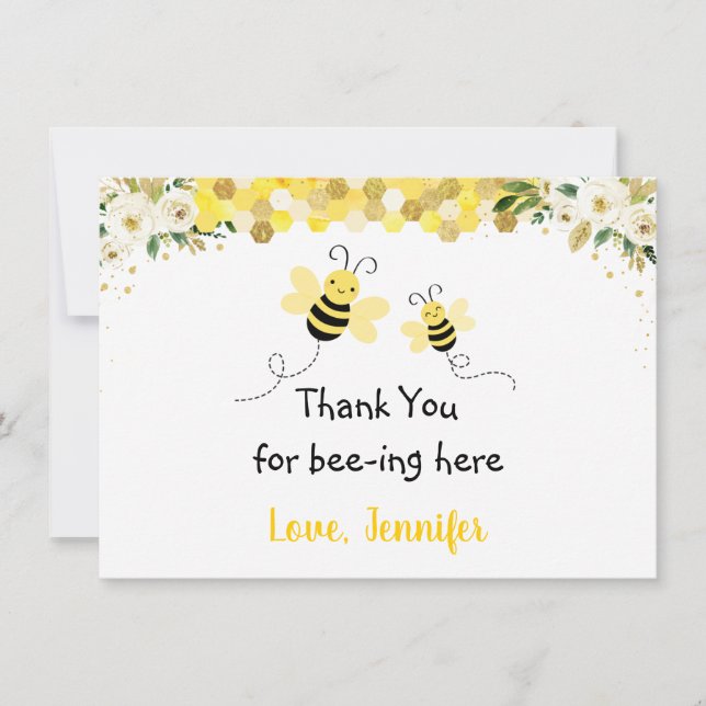 Bee Gold Floral Baby Shower Thank You Card (Front)