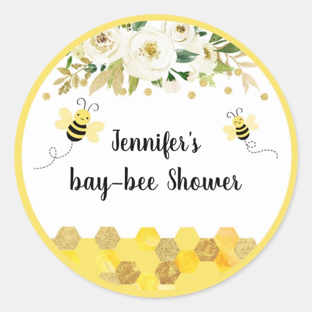 Bee Gold Floral Gender Neutral Baby Shower Classic Round Sticker (Front)