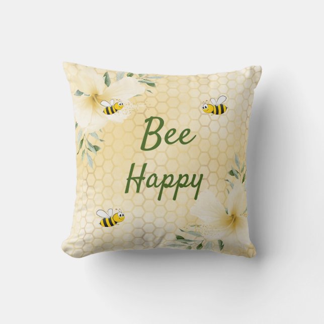 Bee Happy bees yellow florals honeycomb fun Cushion (Front)