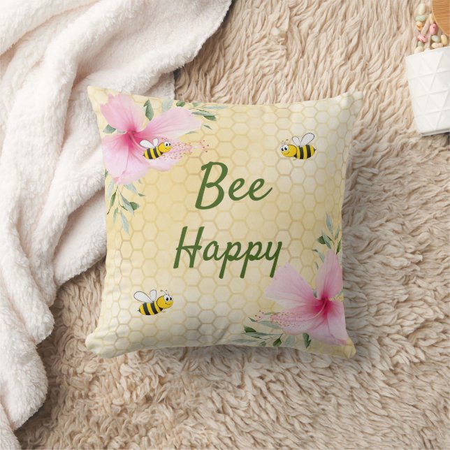 Bee Happy bees yellow honeycomb pink flowers Cushion (Blanket)