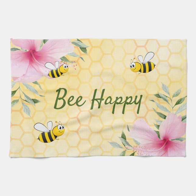 Bee Happy bees yellow honeycomb pink flowers Tea Towel (Horizontal)