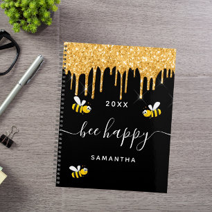 Bee happy black bumble bees glitter monogram 2022 planner