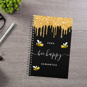 Bee happy black bumble bees glitter monogram 2026 planner